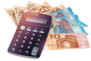Calculator and banknotes photo collage