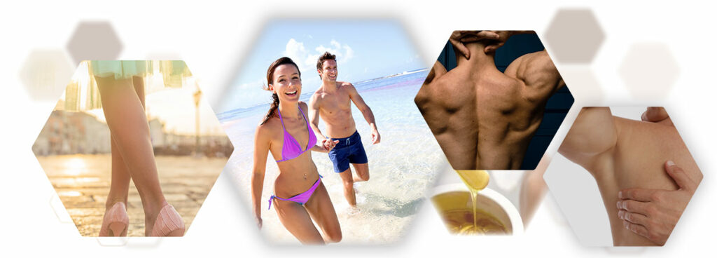 Photo collage smooth beautiful skin with waxing sugaring at hairlessness