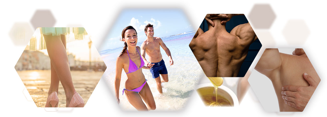 Photo collage smooth beautiful skin with waxing sugaring at hairlessness